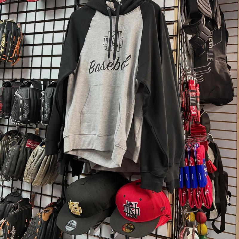 Hoodies and baseball caps with NDG baseball logo