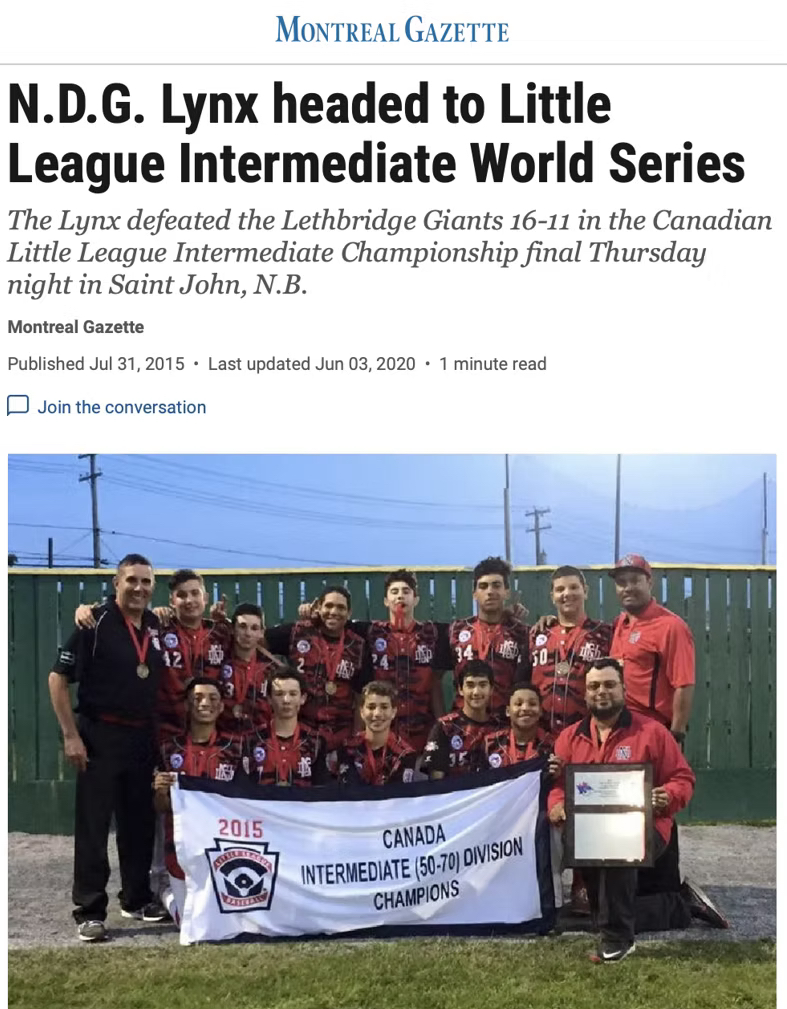 Newspaper article - NDG Lynx headed to the little league world series